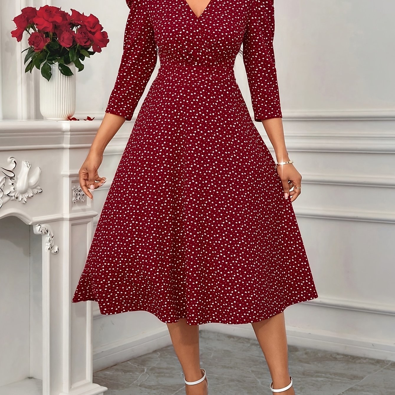 Elegant Polka Dot Midi Dress for Women with V Neck Puff Sleeve Fit and Flare Cocktail Style
