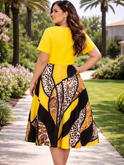 Elegant Yellow Leopard Print Midi Dress for Women with Round Neck Short Sleeve Colorblock Fit and Flare Style