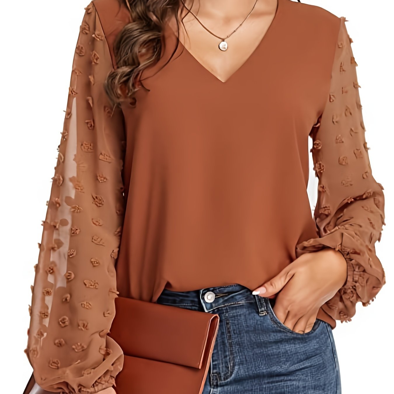 Elegant Swiss Dot Blouse for Women with V Neck Balloon Sleeve Sheer Cuff Relaxed Style