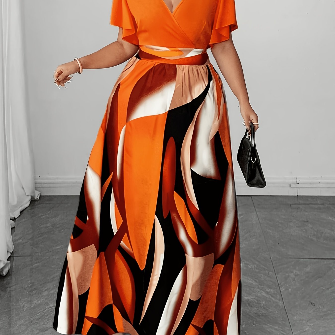 Elegant Orange Geometric Print Maxi Dress for Women with V Neck Flutter Sleeve Wrap Tie Waist Flowing Style