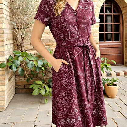 Elegant Paisley Print Shirt Dress for Women with V Neck Short Sleeve Belted Fit and Flare Style