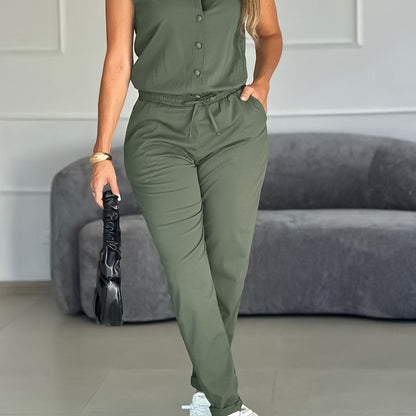 Elegant Army Green Jumpsuit for Women with Collared Cap Sleeve Drawstring Waist Tapered Style
