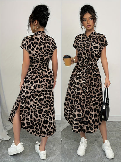 Elegant Leopard Print Midi Dress for Women - Short Sleeve, High-Low Hem, Button-Up Front, Machine Washable, Perfect for Casual or Vacation Style, Versatile Midi Dress | Short Sleeve Dress | Vacation Wear