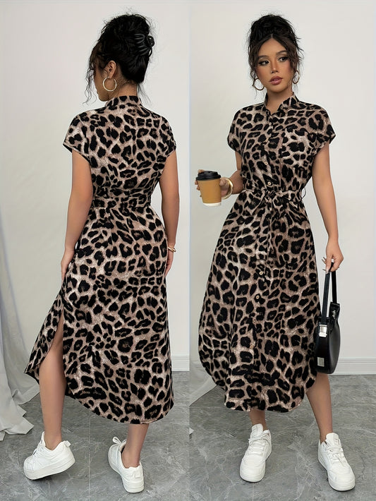 Elegant Leopard Print Midi Dress for Women - Short Sleeve, High-Low Hem, Button-Up Front, Machine Washable, Perfect for Casual or Vacation Style, Versatile Midi Dress | Short Sleeve Dress | Vacation Wear