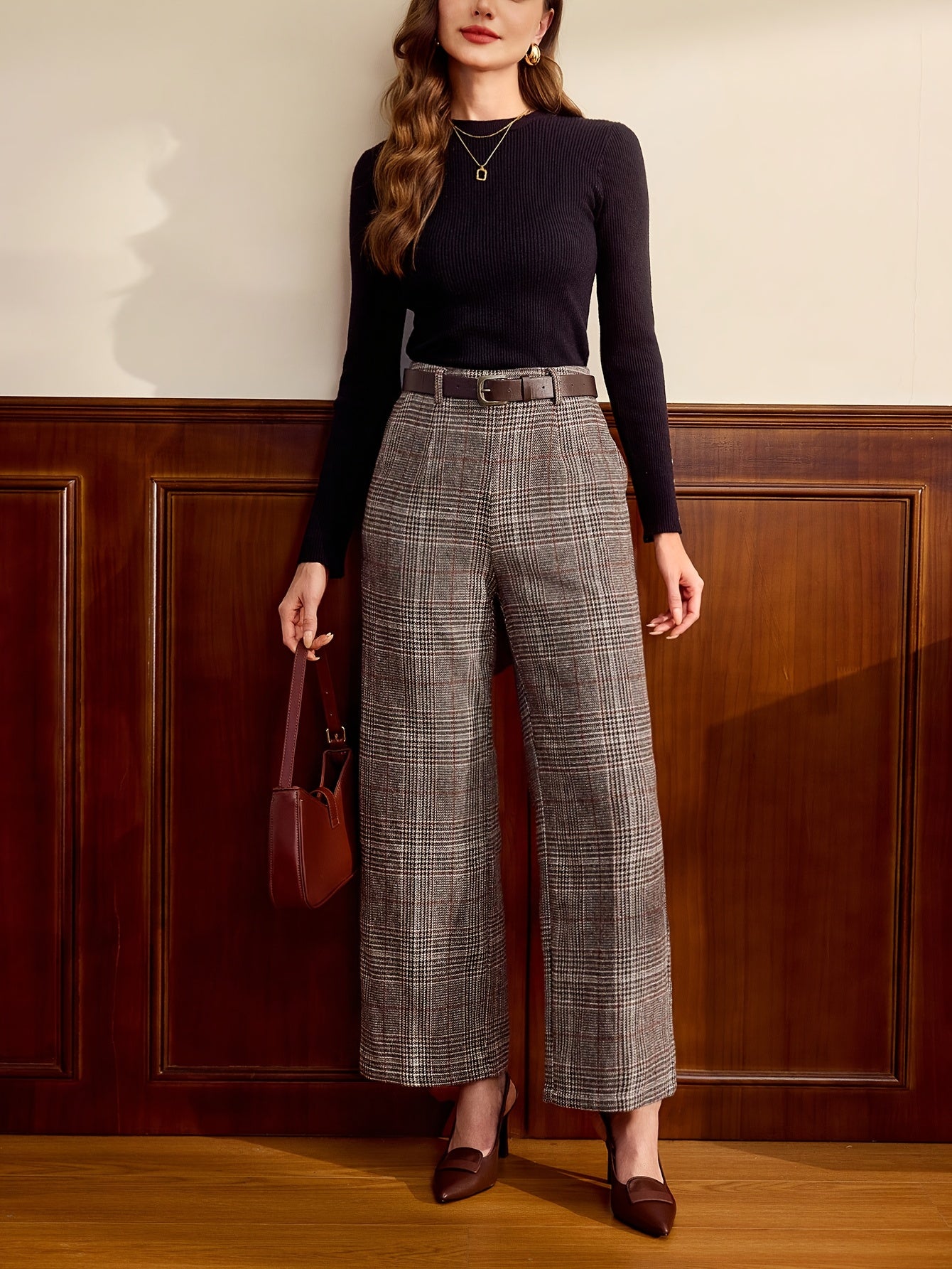 Effortless Lattice Plaid Wide Leg Pants for Women with High Waist Belted Tailored Relaxed Style