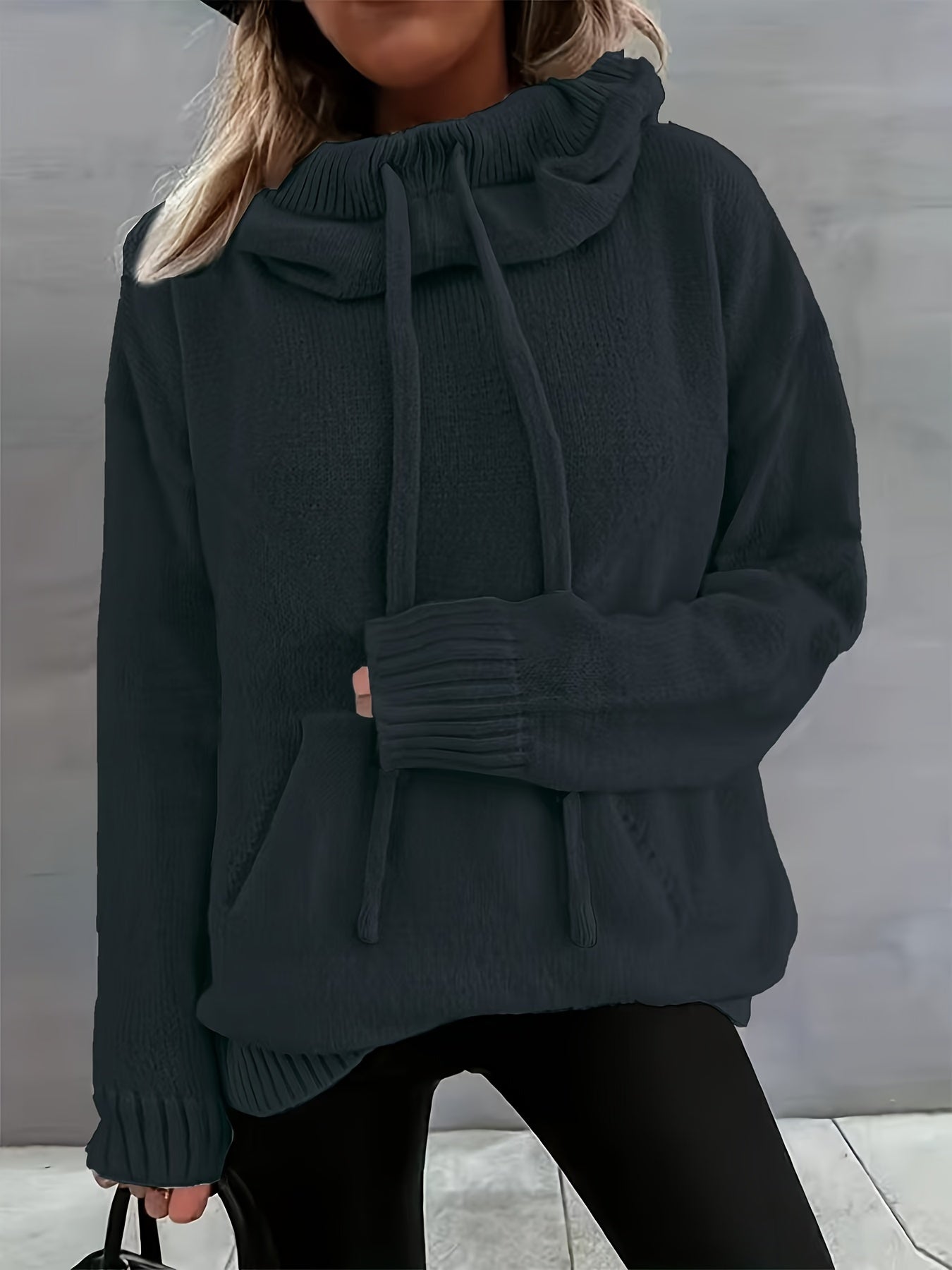 2025 New Autumn And Winter Women'S Casual Versatile Solid Color Drawstring Pocket Hooded Pullover