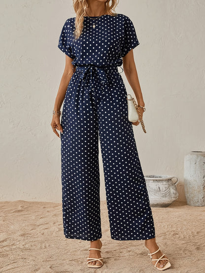 Effortless Polka Dot Jumpsuit for Women with Boat Neck Short Sleeve Belted Wide Leg Style