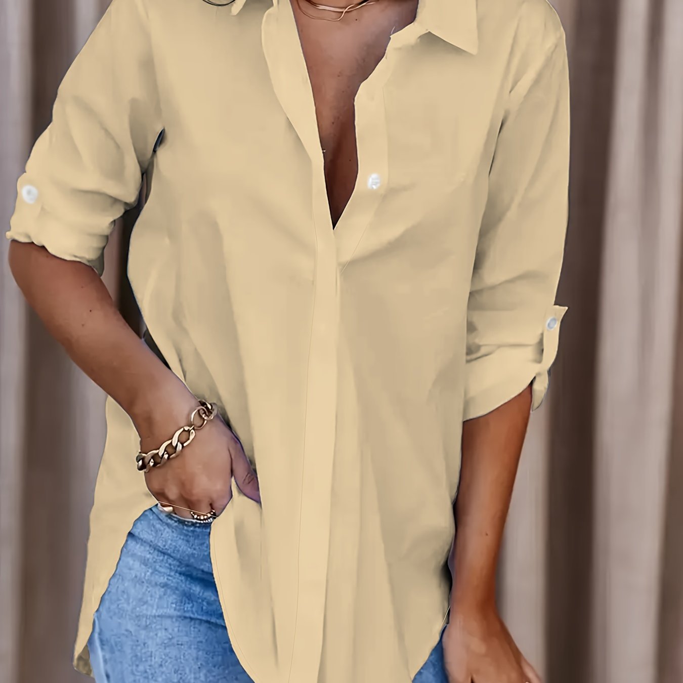 Effortless Relaxed Blouse for Women with Collar Long Sleeve Button Front Oversized Style
