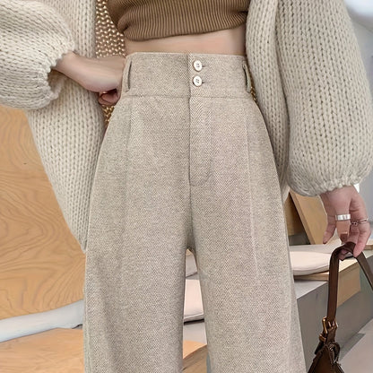 Effortless Herringbone Wide Leg Pants for Women with High Waist Button Front Pleated Tailored Style