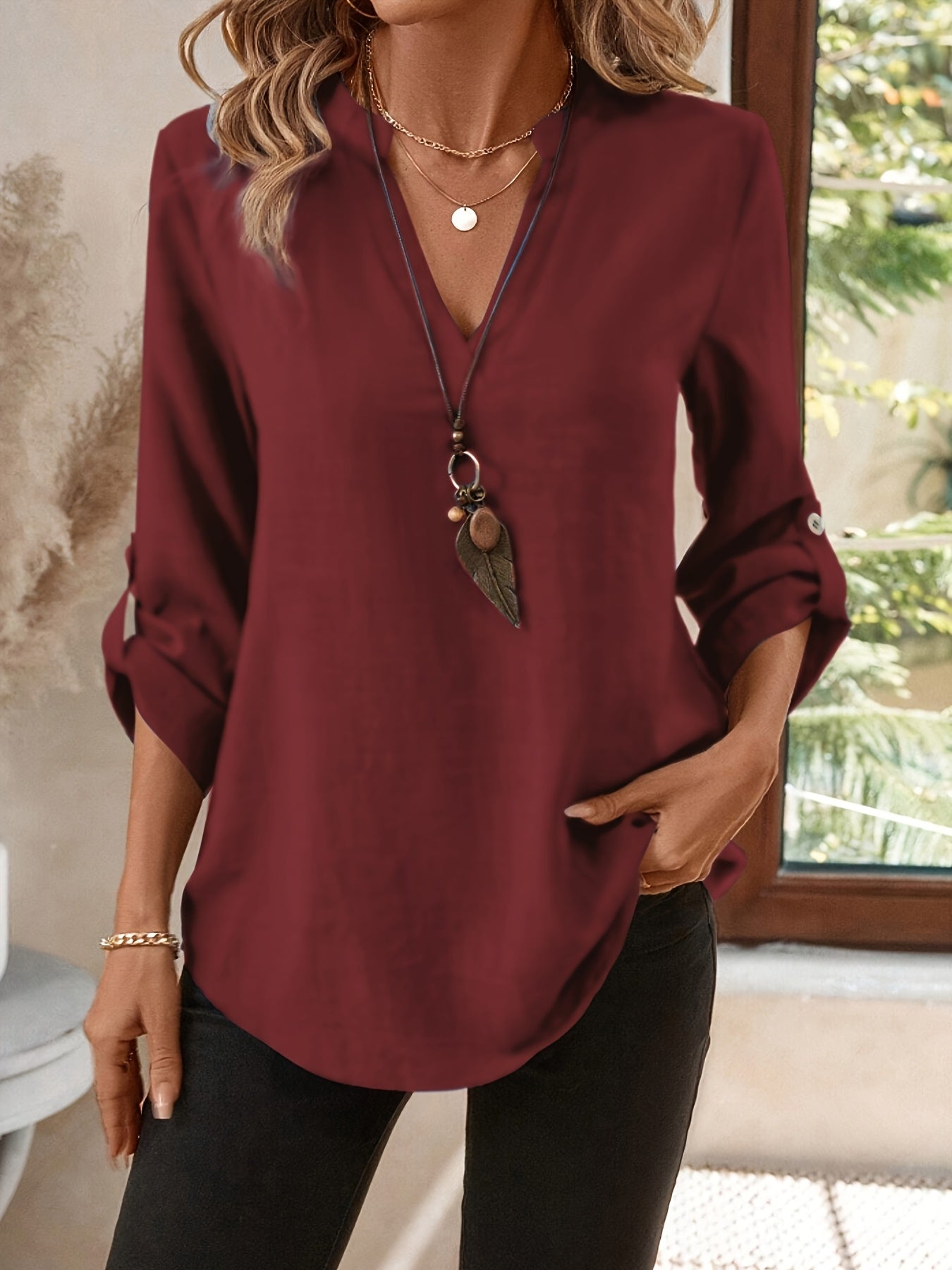 Effortless Chiffon Tunic Blouse for Women with V Neck Roll Tab Sleeve Relaxed Curved Hem Style