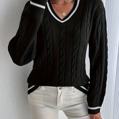 Comfortable Cable Knit Sweater for Women with V Neck Long Sleeve Contrast Stripe Relaxed Varsity Style