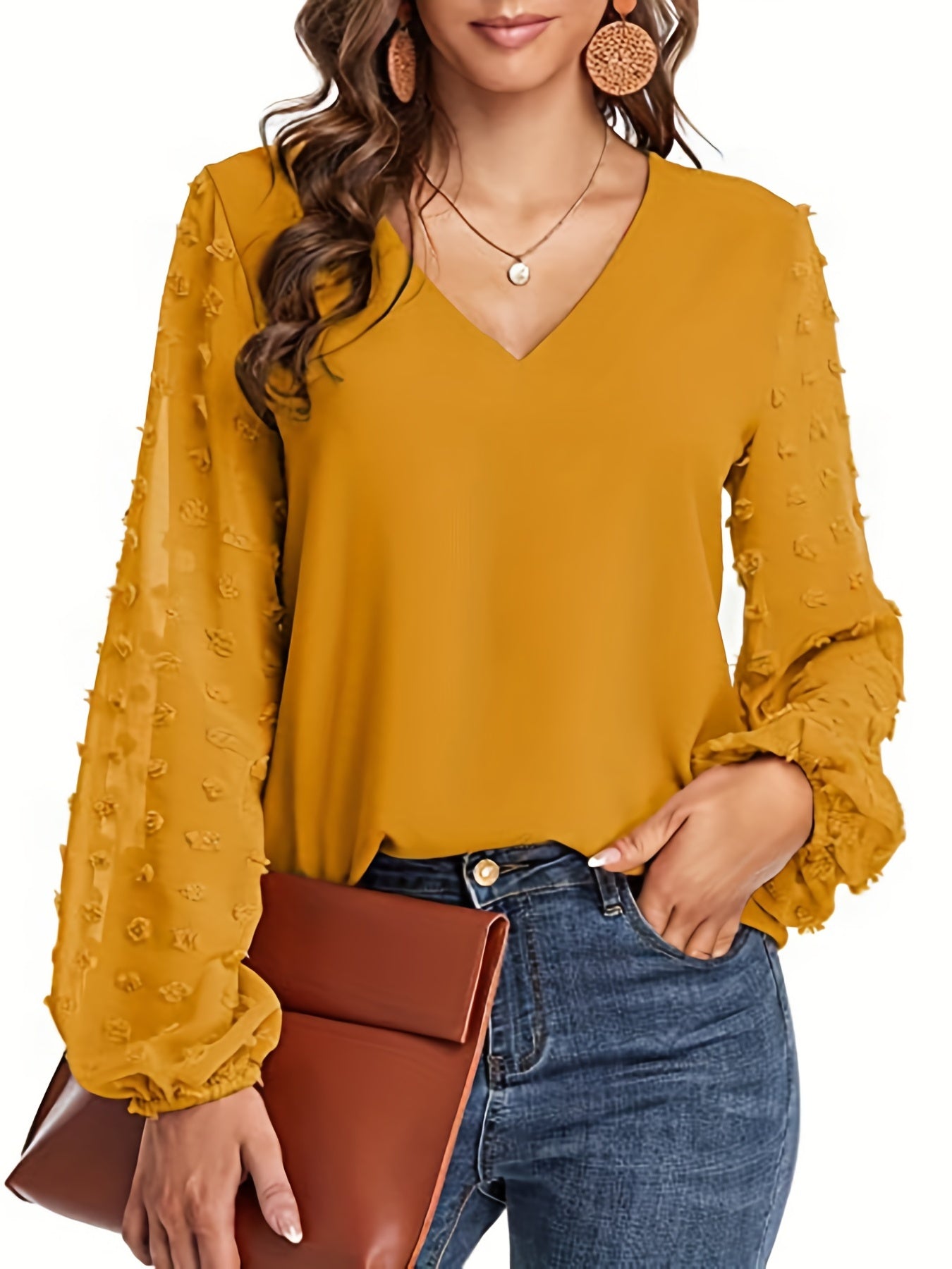 Elegant Swiss Dot Blouse for Women with V Neck Balloon Sleeve Sheer Cuff Relaxed Style