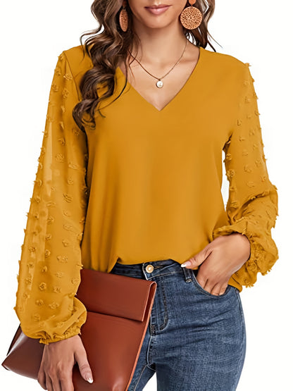 Elegant Swiss Dot Blouse for Women with V Neck Balloon Sleeve Sheer Cuff Relaxed Style