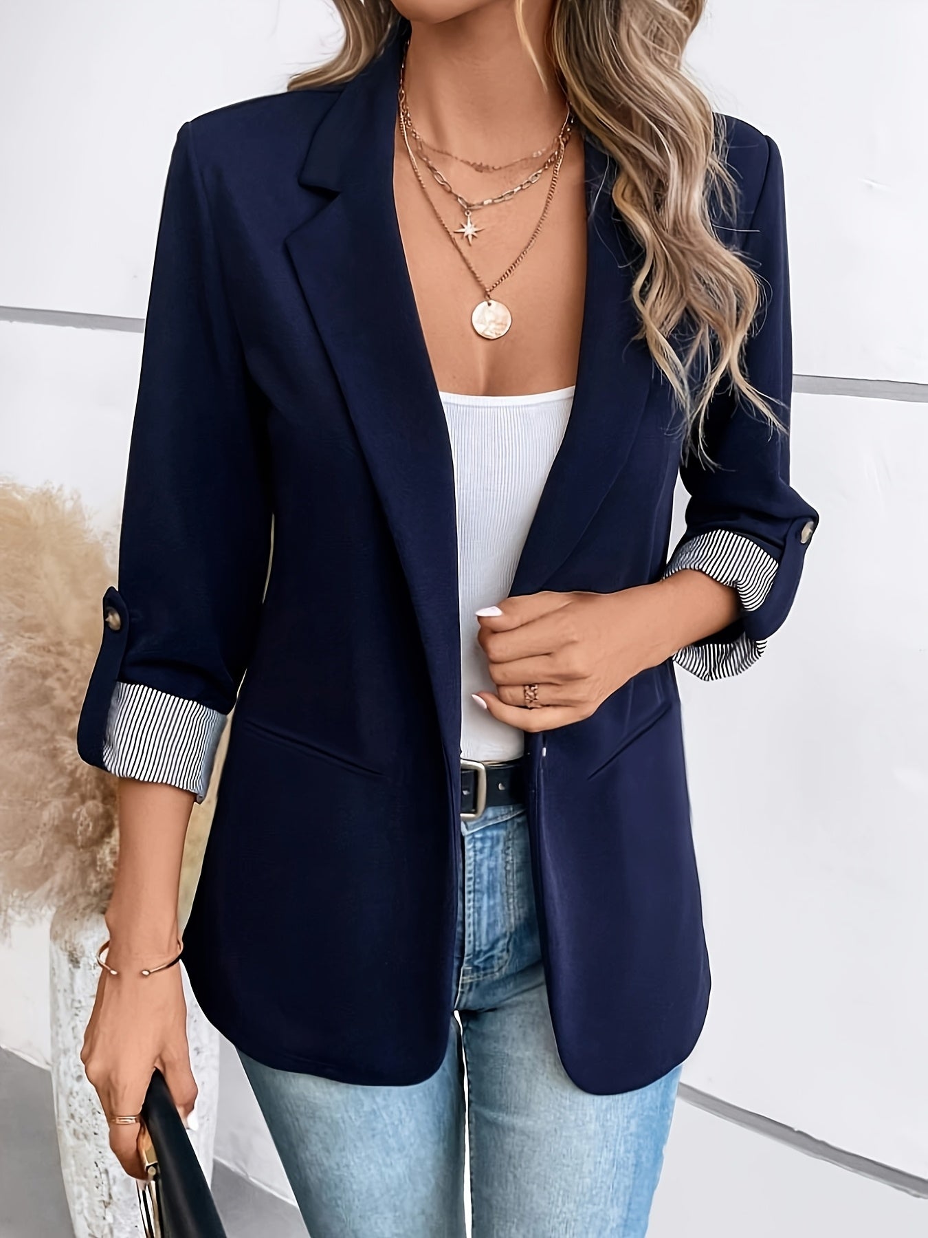 Elegant Striped Cuff Blazer for Women with Notch Lapel Roll Tab Sleeve Relaxed Style