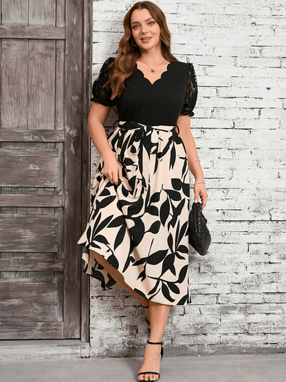 Elegant Black Leaf Print Midi Dress for Women with Scalloped V Neck Lace Sleeve Tie Waist Style