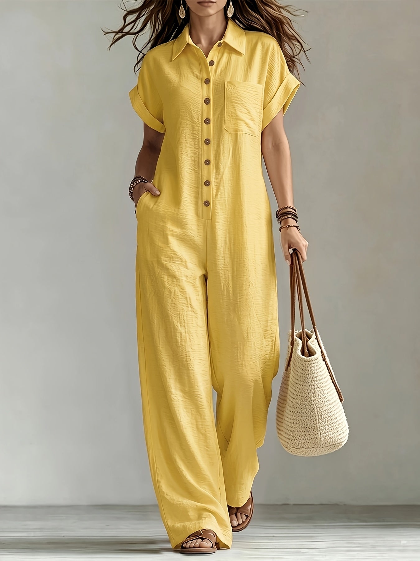 Effortless Linen Jumpsuit for Women with Collar Short Sleeve Button Front Wide Leg Casual Style