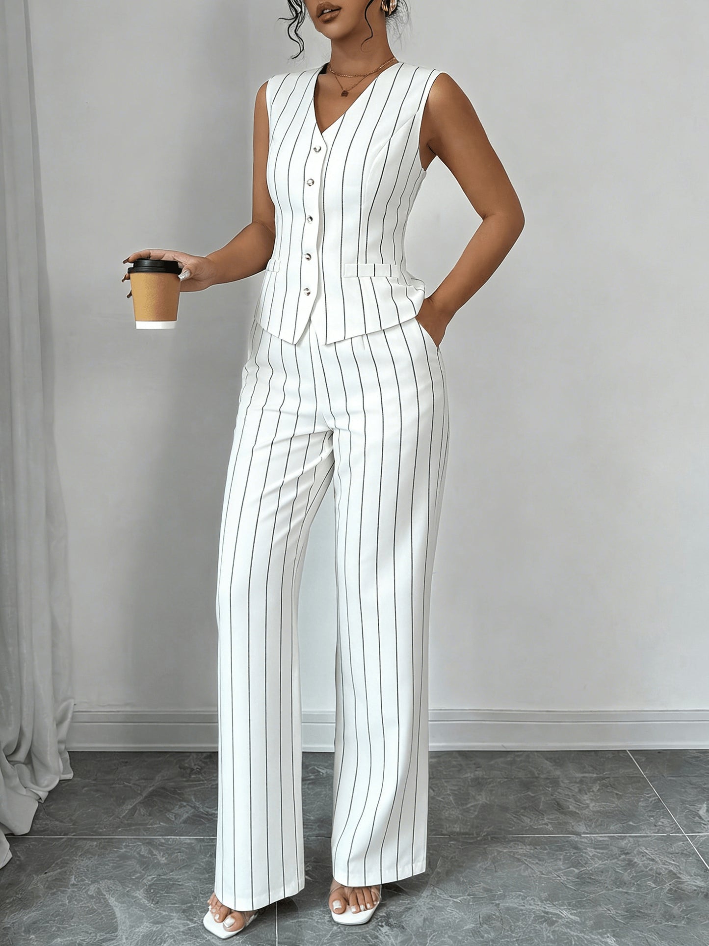 Elegant Grey Pinstripe Wide Leg Set for Women with V Neck Button Front Two Piece Style
