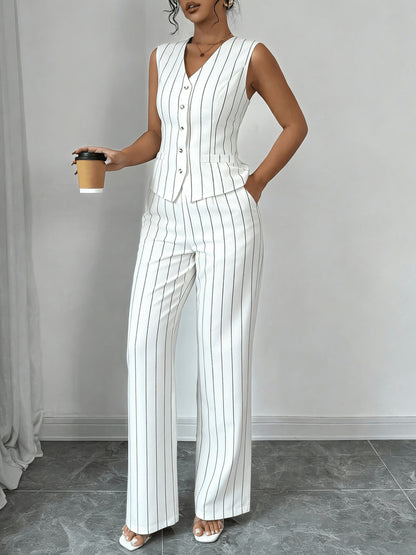 Elegant Grey Pinstripe Wide Leg Set for Women with V Neck Button Front Two Piece Style