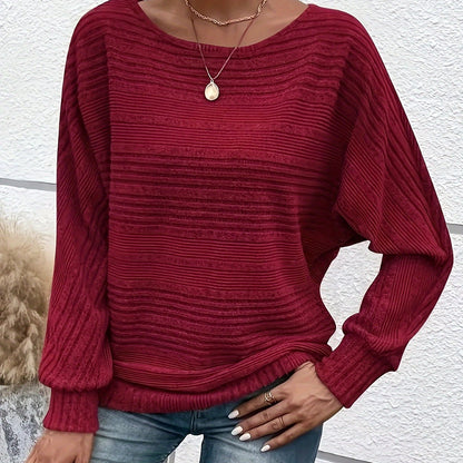 Comfortable Ribbed Knit Sweater for Women with Boat Neck Batwing Sleeve Oversized Relaxed Style