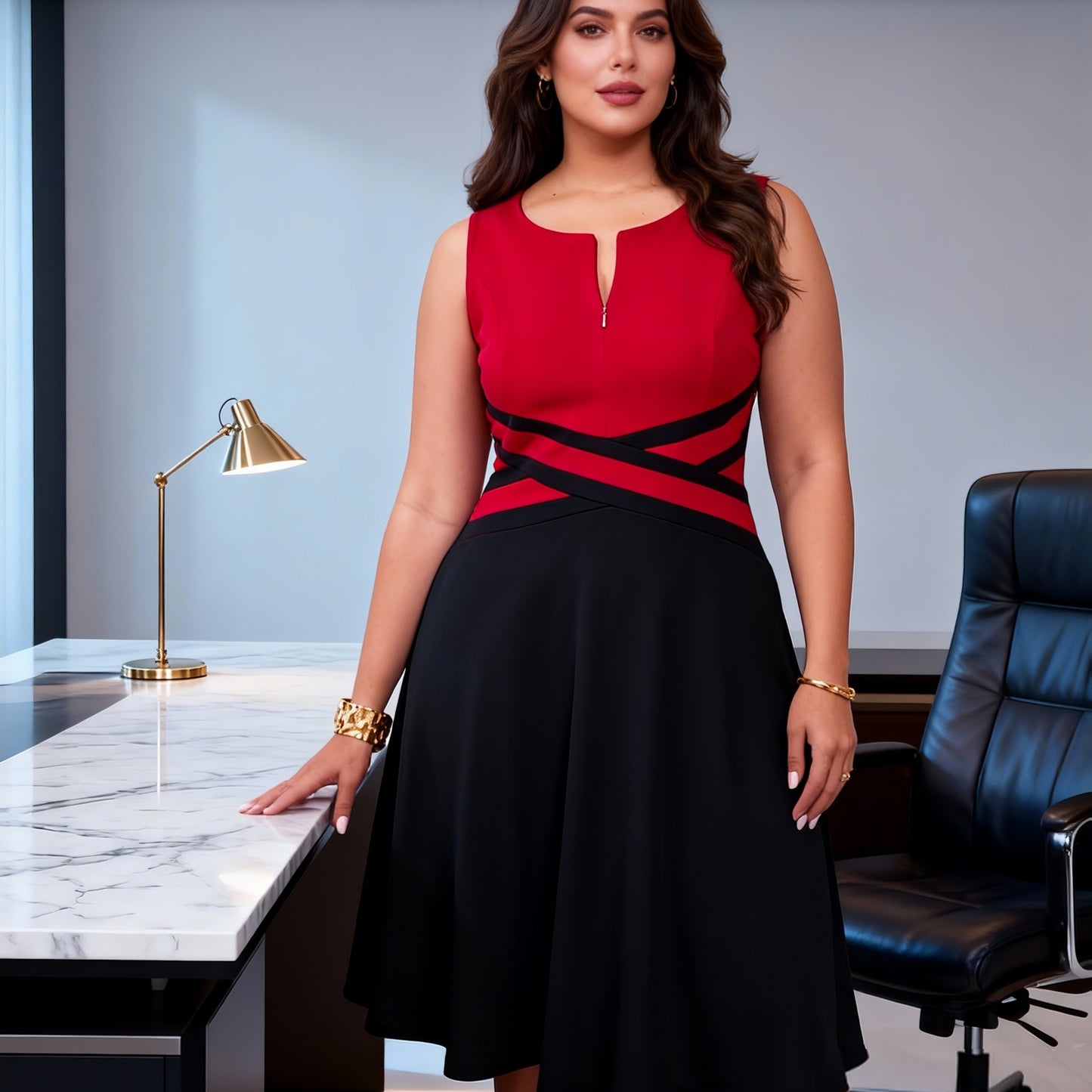 Elegant Red Colorblock Midi Dress for Women with Notch Neck Sleeveless Crisscross Waist Cocktail Style