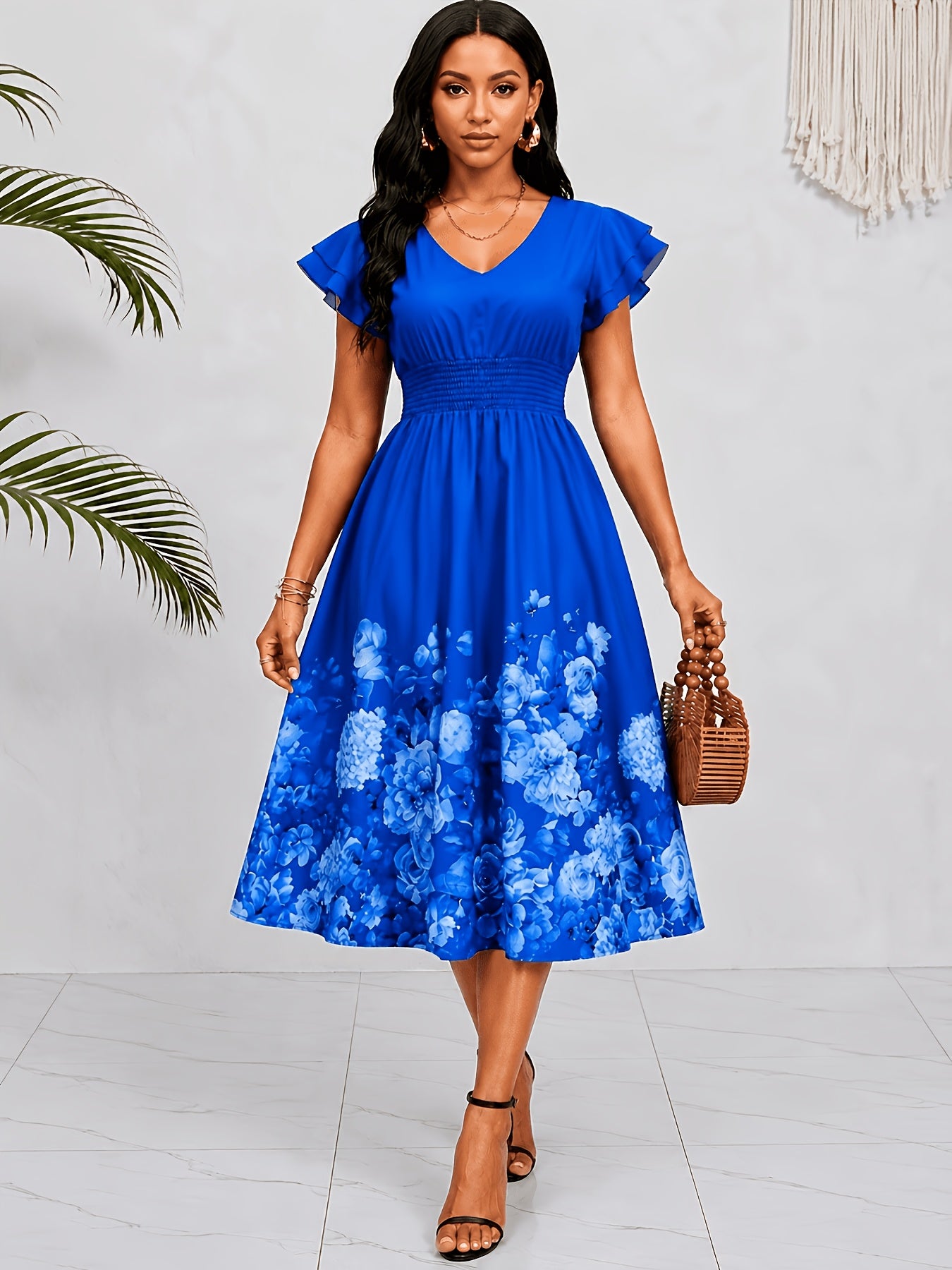 Effortless Blue Floral Midi Dress for Women with V Neck Flutter Sleeve Smocked Waist Flowing Style