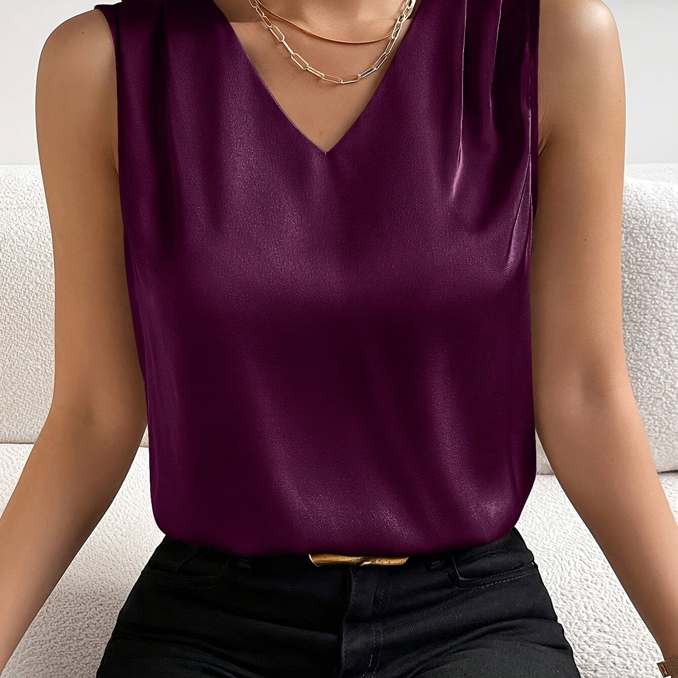 Elegant Satin Blouse for Women with V Neck Sleeveless Pleated Shoulder Silky Style