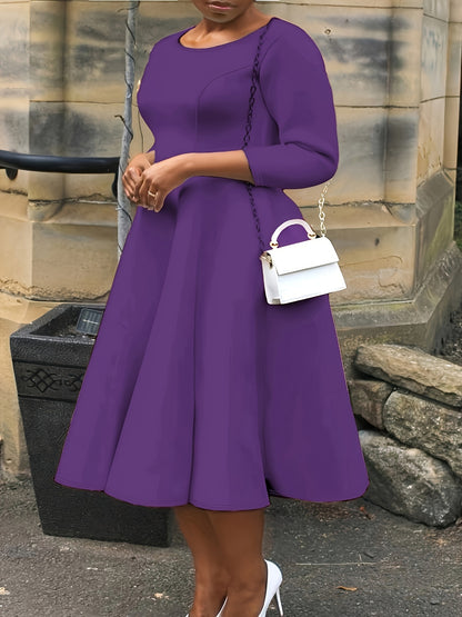 Elegant A Line Midi Dress for Women with Round Neck Elbow Sleeve Fit and Flare Style