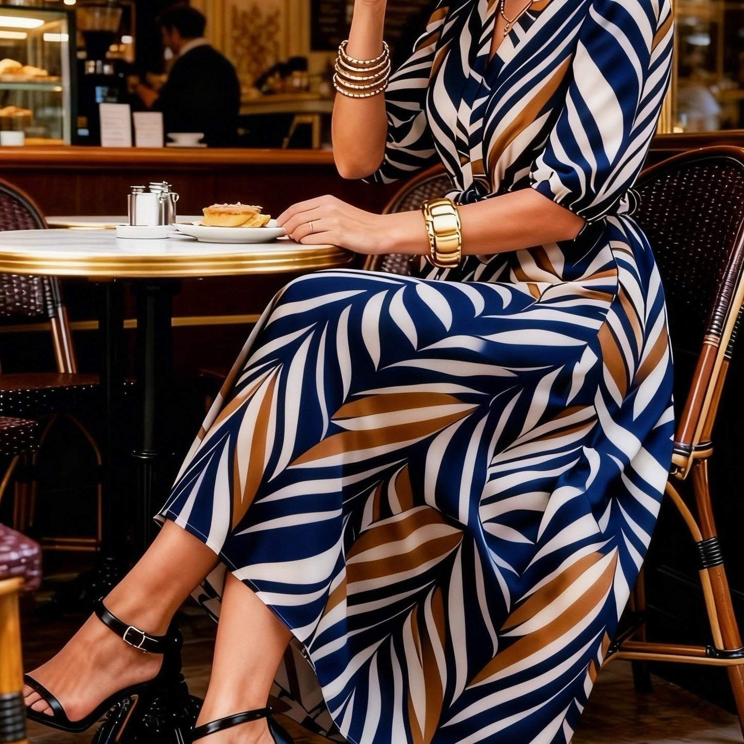 Effortless Chevron Print Maxi Dress for Women with V Neck Elbow Sleeve Wrap Tie Waist Flowing Style