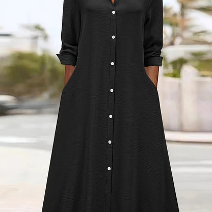 Effortless Linen Shirt Dress for Women with Collar V Neck Long Sleeve Button Front Flowing Style