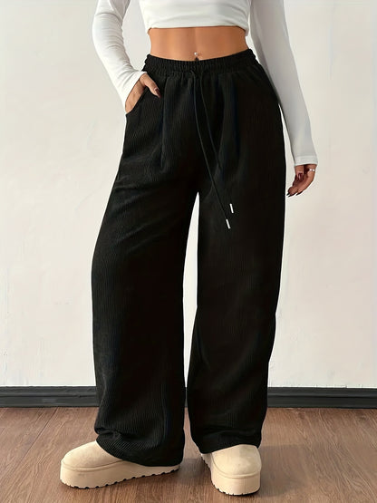 Effortless Dark Brown Corduroy Wide Leg Pants for Women with High Waist Drawstring Relaxed Casual Style