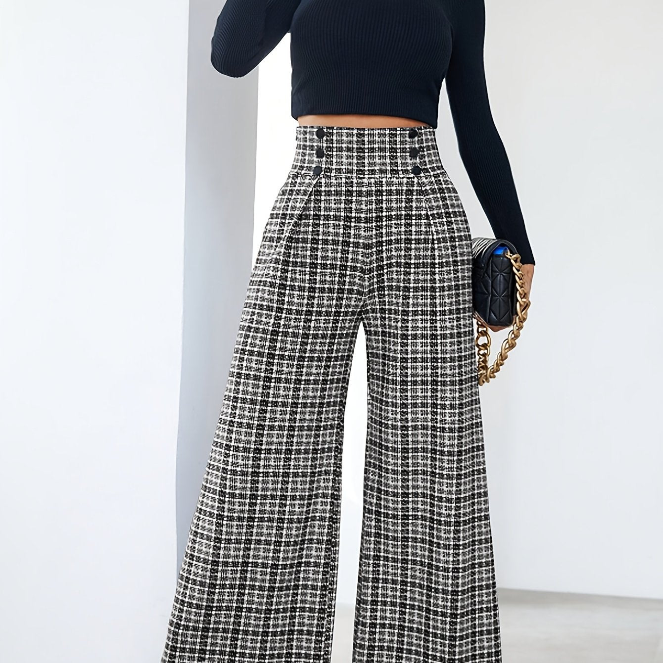Elegant Black and White Plaid Wide Leg Pants for Women with High Waist Button Front Pleated Tailored Style
