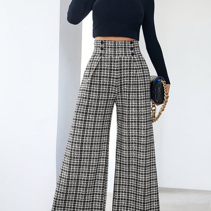 Elegant Black and White Plaid Wide Leg Pants for Women with High Waist Button Front Pleated Tailored Style