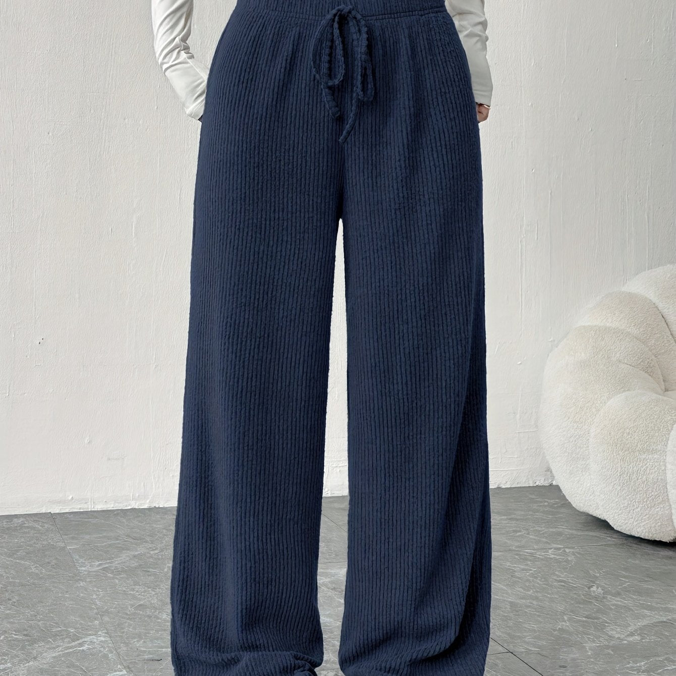Effortless Ribbed Wide Leg Pants for Women with High Waist Drawstring Relaxed Flowing Casual Style