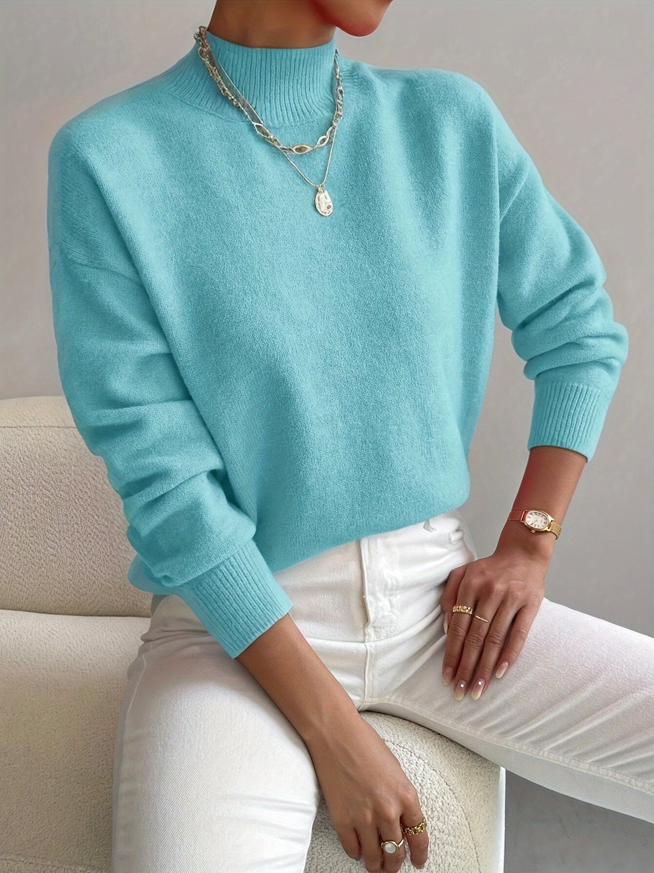Comfortable Ribbed Sweater for Women with High Neck Long Sleeve Relaxed Oversized Knit Style