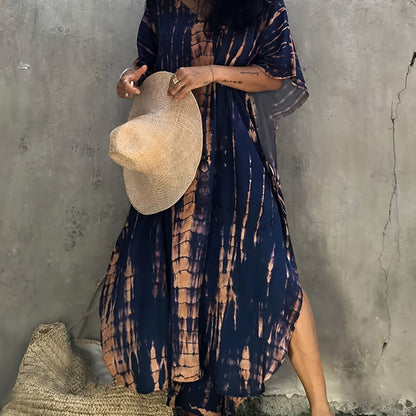Effortless Tie Dye Maxi Dress for Women with V Neck Bell Sleeve Kaftan Flowing Bohemian Style