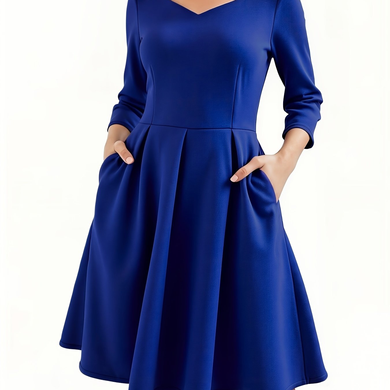 Elegant Royal Blue Midi Dress for Women with Sweetheart Neck Elbow Sleeve Pleated Fit and Flare Style