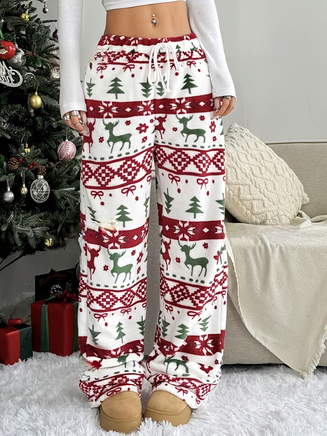 Christmas Style Drawstring Fleece Pants