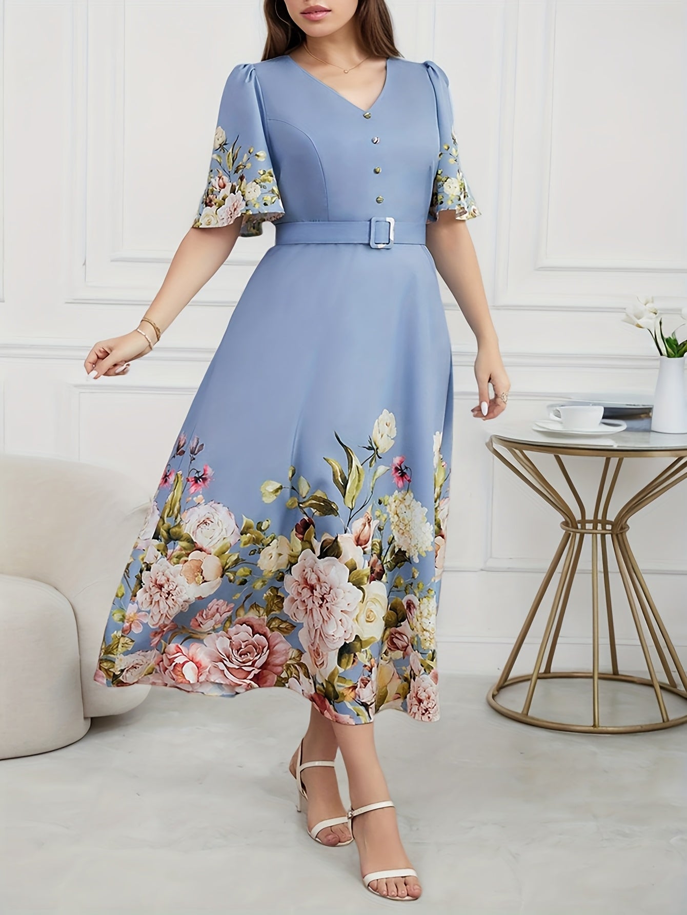 Effortless Floral Midi Dress for Women with V Neck Flutter Sleeve Belted A Line Style