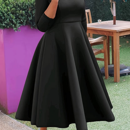 Elegant A Line Midi Dress for Women with Round Neck Elbow Sleeve Fit and Flare Style