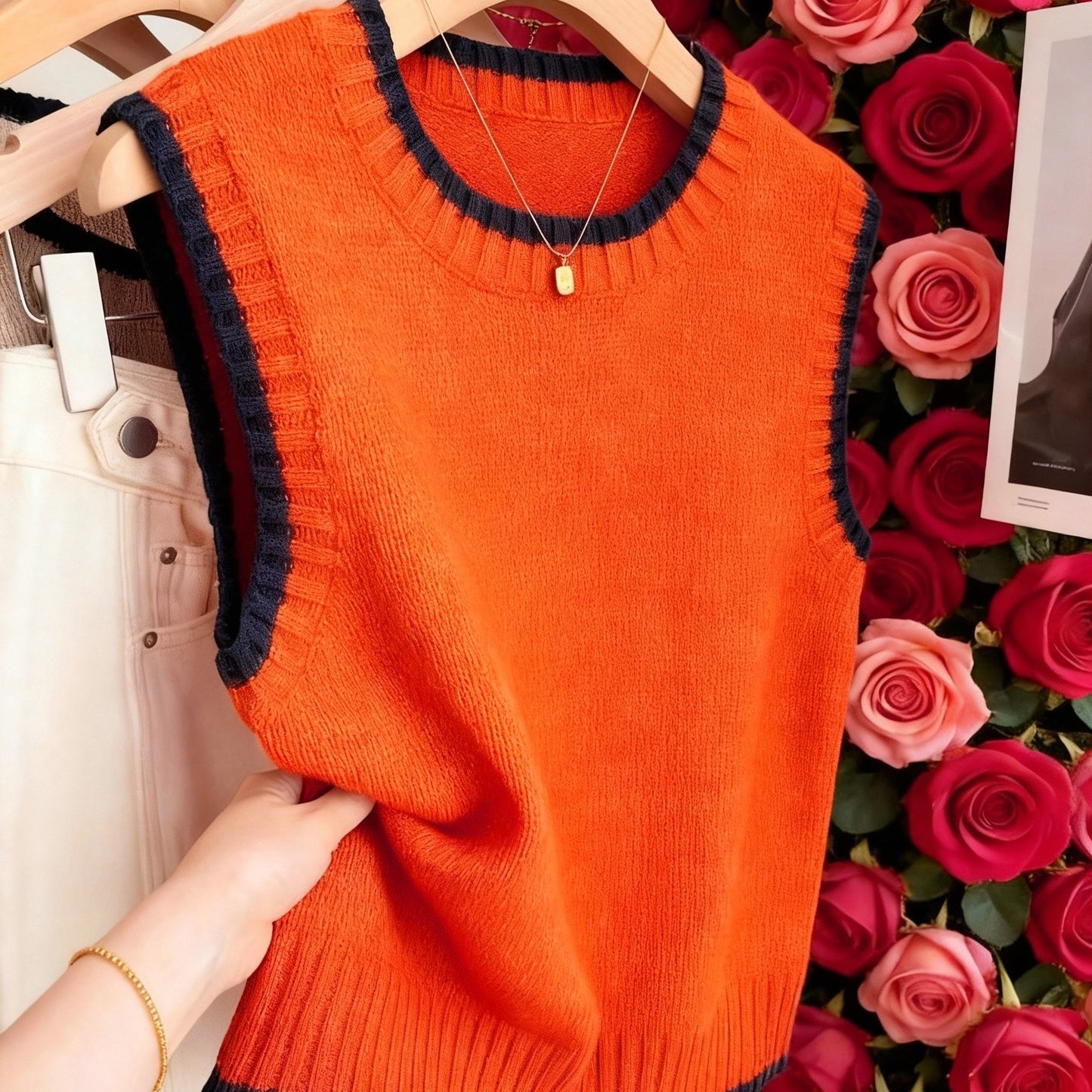 Comfortable Contrast Trim Sweater Vest for Women with Crew Neck Sleeveless Ribbed Knit Style