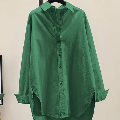 Effortless Cotton Blouse for Women with Collar Long Sleeve High Low Relaxed Oversized Style