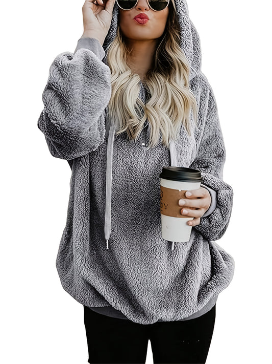 Comfortable Grey Sherpa Hoodie for Women with Hooded Quarter Zip Long Sleeve Oversized Relaxed Style