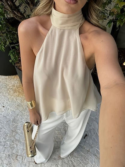 Elegant Chiffon Halter Blouse for Women with High Neck Sleeveless Flowing Asymmetrical Style