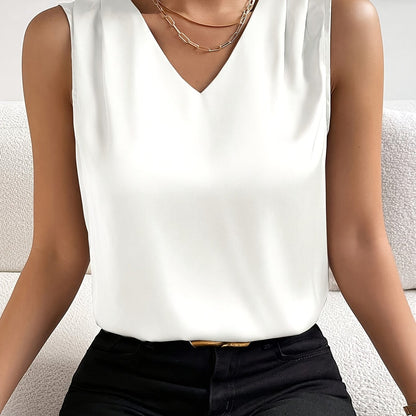Elegant Satin Blouse for Women with V Neck Sleeveless Pleated Shoulder Silky Style