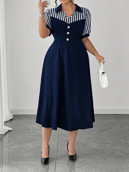 Elegant Navy Striped Midi Dress for Women with Collar Short Sleeve Button Front A Line Style
