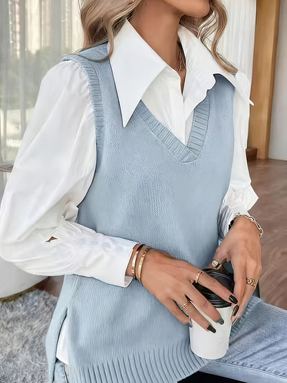 Comfortable Sweater Vest for Women with V Neck Sleeveless Ribbed Trim Oversized Knit Style
