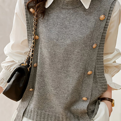 Comfortable Sweater Vest for Women with Round Neck Sleeveless Button Detail Relaxed Knit Style