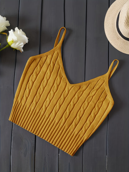 Effortless Cable Knit Crop Top for Women with V Neck Sleeveless Ribbed Fitted Tank Style