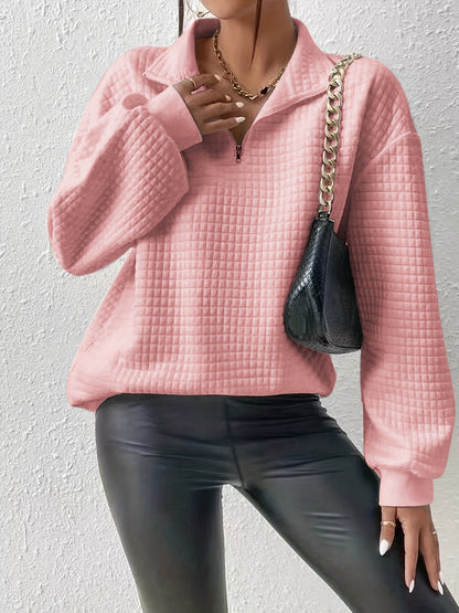 Comfortable and Loose Waffle Solid Standing Neck Zipper Long Sleeve Panel Women's Sweater
