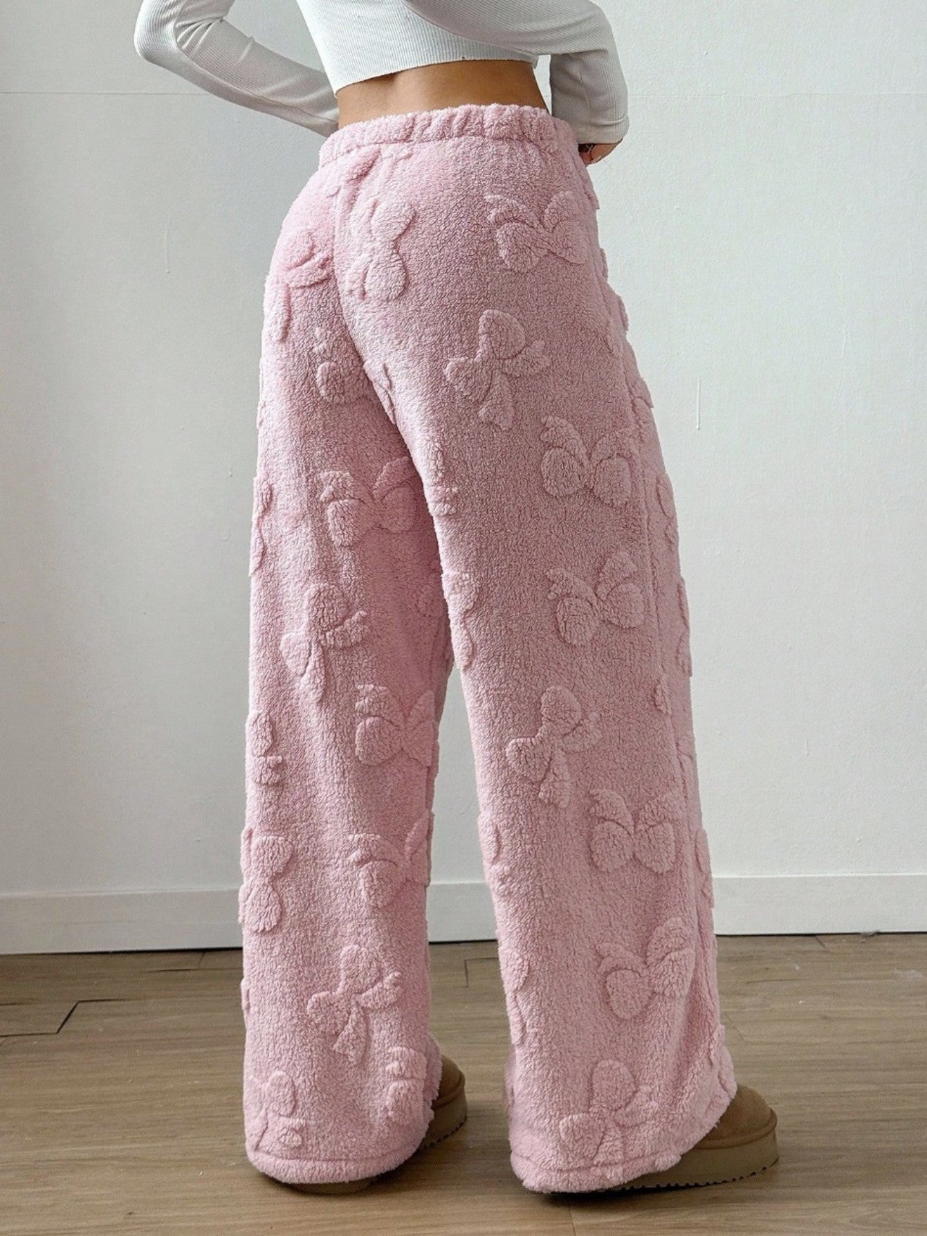 Comfortable Pink Sherpa Fleece Pants for Women with Elastic Waist Wide Leg Cozy Style